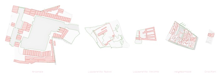 Comparison of scale: Arsenale,Lazzaretto Nuovo, Lazzaretto Vecchio, urban fabric, monastery